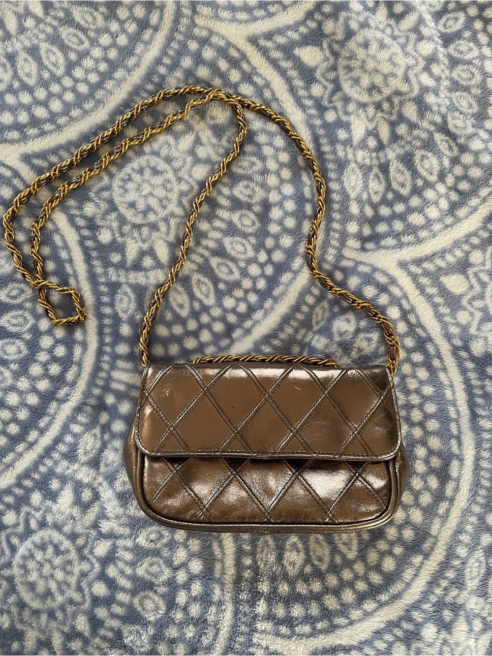 Quilted Metallic Brown Crossbody Bag with Twisted Gold Chain